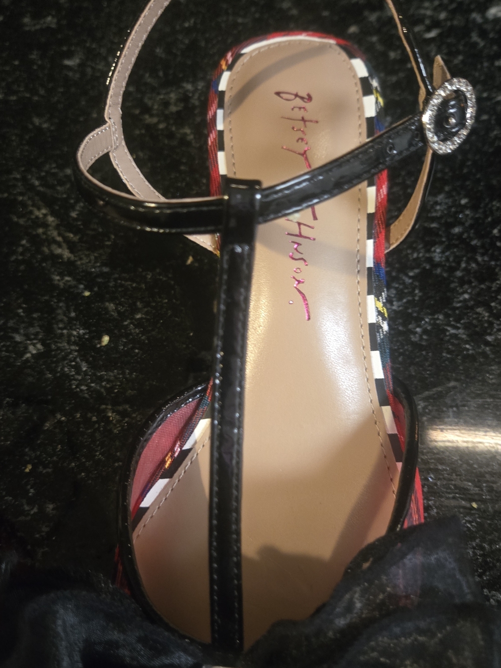 Betsey Johnson Black Patent T-Strap Pointed Heel with Red Plaid Toe - Picture 3 of 5